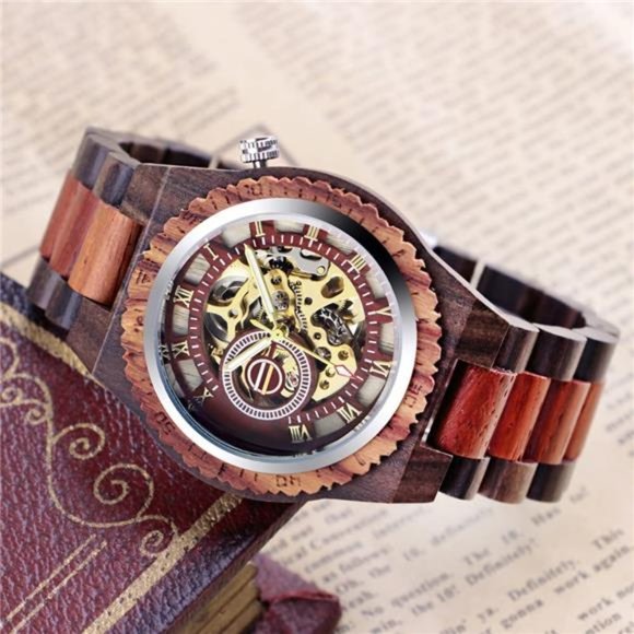 Men's Wooden Watch Skeleton Automatic Movement Wood Watch Self-Winding Watches - Picture 7 of 7